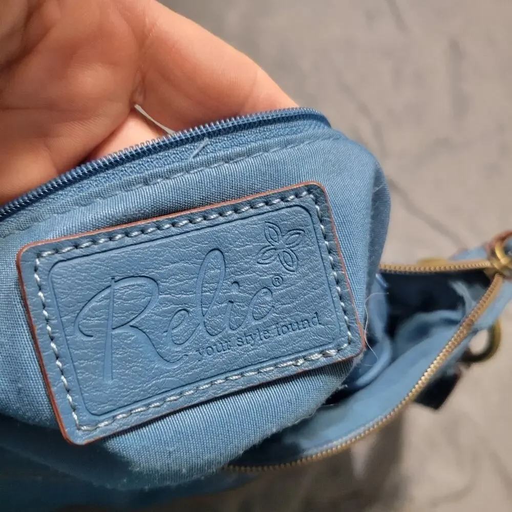 Relic Fossil Prescott Faux Leather Crossbody Bag Blue Boho Zip Pockets Y2K Purse